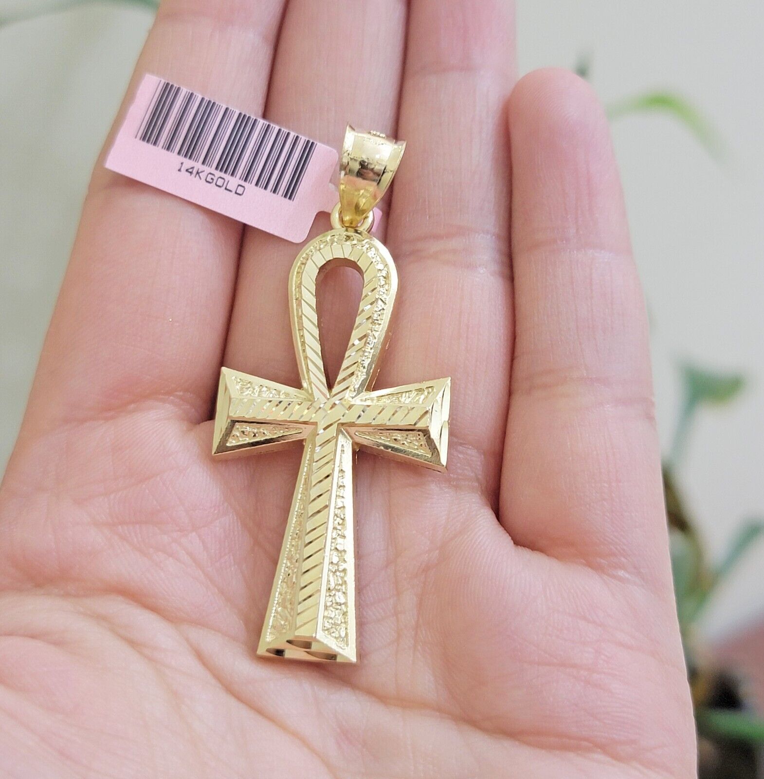 Real 14k Yellow Gold Ankh charm pendant 1.75 Inch Diamond Cuts Charm for Chains - GoldenlinQ